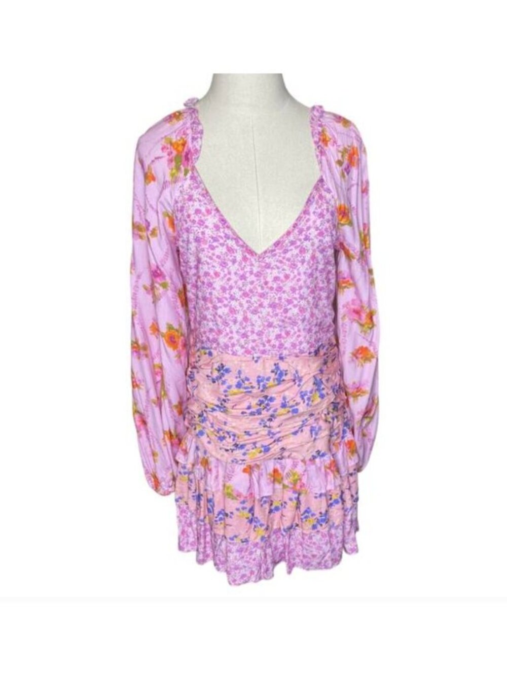 Pink Ripple Floral Ruched Mini Dress Medium Pink V Neck Ruffle Flounce Boho - Picture 9 of 16